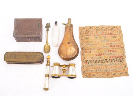 A 19th century Dutch copper and brass tobacco box, with traces of decoration, together with a copper powder flask,  a plated 