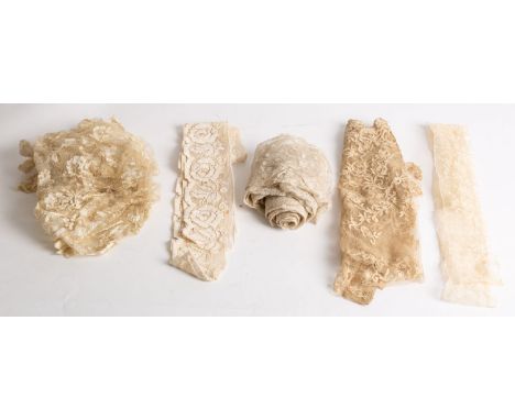 Five lengths and flounces of various lace, including a Brussels bobbin appliqué long stole with a loose floral design, a frag