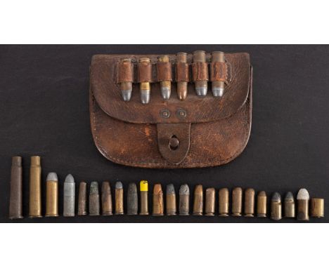 A WWI brown leather ammunition pouch, maker Hepburn Gale & Ross Ltd. 1914, together with a collection of inert rounds (variou