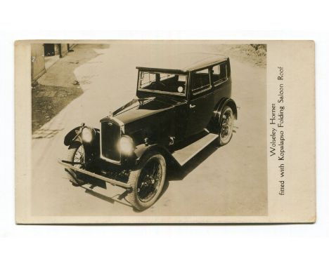 WOLSELEY. A collection of 30 postcards and photographs of post-1930 Wolseley motorcars, including Wolseley Hornets, together 