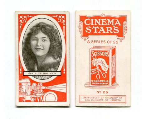 A collection of Wills Scissors cigarette cards in an album, including a set of 25 'Cinema Stars', a set of 30 'Actresses (mau