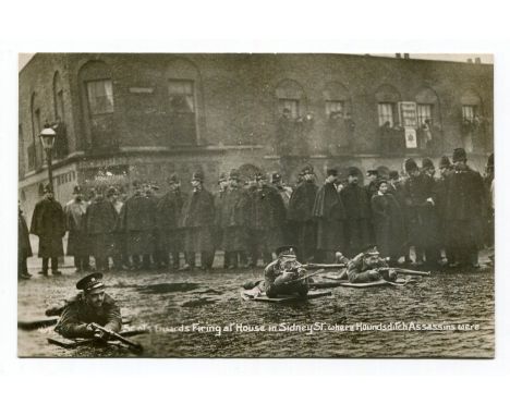 A collection of 48 postcards, including photographic postcards of the Sydney Street Assassinations, titled 'Scots Guards Firi