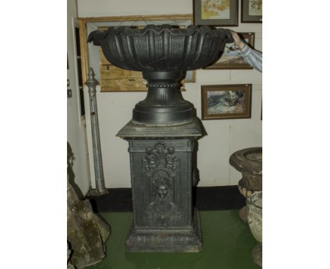 A massive 20th century Victorian style garden urn on stand, 176cm tall and the bowl measures 120cm in diameter