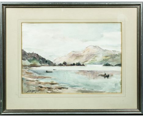 A framed watercolour of a lake scene, signed J K Maxton size 27cm x 38cm