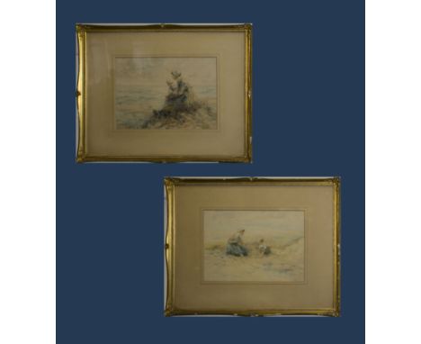 A pair of gilt framed watercolours depicting children playing on a beach, indistinct signature. Image size 20cm x 31cm