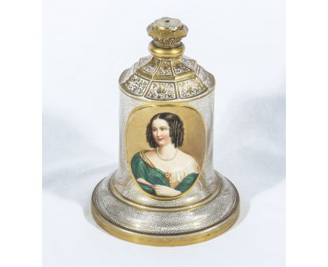 An overlay bell shaped glass with portrait of a young lady. 18cm high