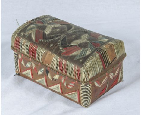 A 19th century Plains Native American Indian bark lidded box with quill decorations applied to the top and sides, 5.5" x 4" x