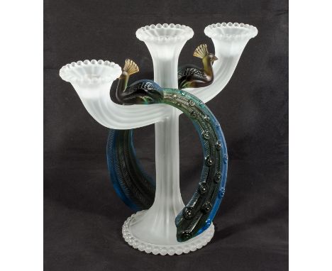 A French art glass candlestick decorated with coloured peacocks, signed Royales de Champagne, 12 inches high