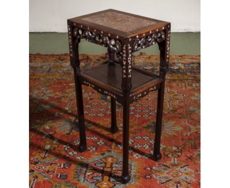 A Chinese hardwood stand with mother of pearl inlay and marble top, height 81cm top 41cm x 30cm