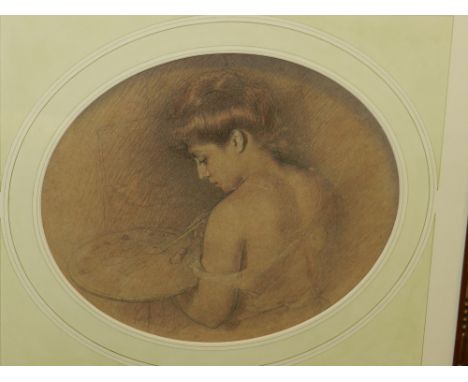 Early 20th century Continental School, portrait study of a girl painting, drawing on paper, signed lower left. H.32cm W.39cm 