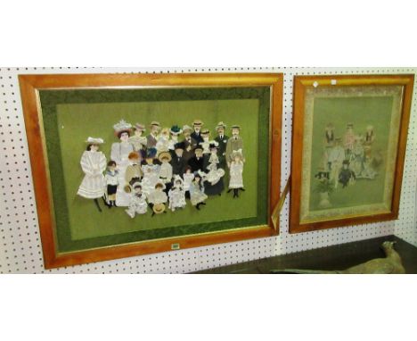 Mixed media; Victorian family portrait, fabric and paint, framed 91cm wide x 68cm high and another similar, smaller, (2). 
