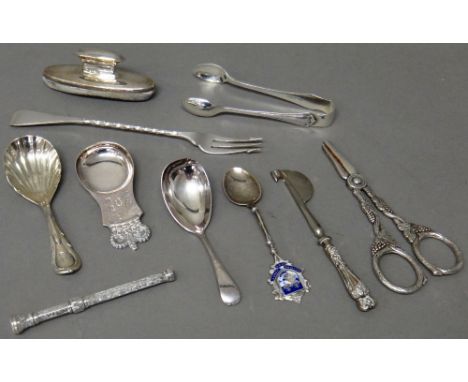 Silver and silver mounted wares, comprising; a Victorian tea caddy spoon, with a shell shaped bowl, London 1856, a caddy spoo
