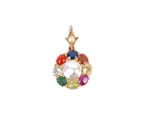 A gold, mabe pearl, ruby bead, coral, emerald and varicoloured gem set pendant, designed as a circular cluster, suspended fro