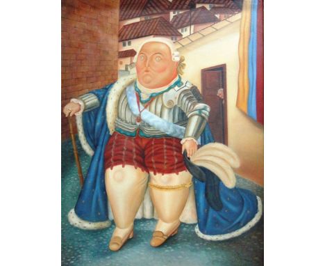 Manner of Fernando Botero, Portrait of a King, oil on canvas, 118cm x 89cm.