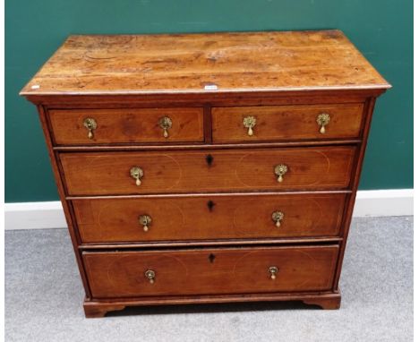 An early 18th century inlaid oak chest of two short and three long graduated drawers, on bracket feet, 100cm wide x 90cm high