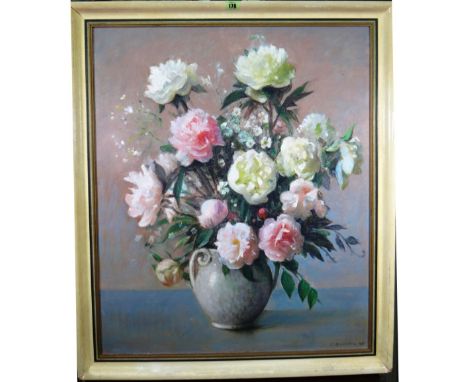 Charles Buchel (1872-1950), Still life of roses in a vase, oil on board, signed and dated '45, 74cm x 61cm.