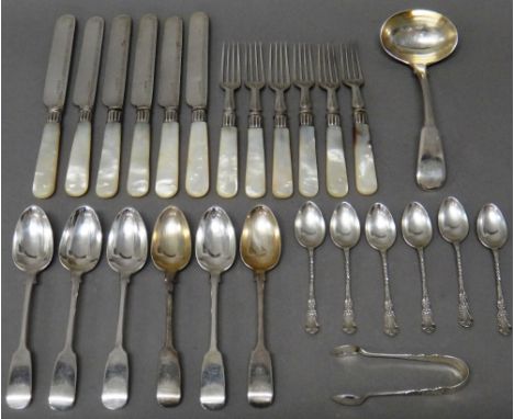 Silver table flatware, comprising; a fiddle pattern sauce ladle, London 1810, a set of six fiddle pattern teaspoons, London 1