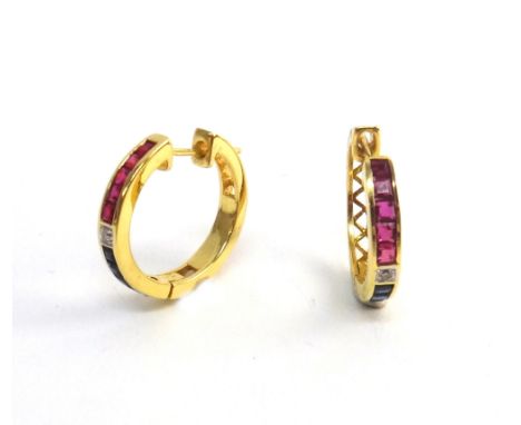 A pair of gold, diamond, sapphire and ruby earrings, each of circular form, mounted with a circular cut diamond to the centre