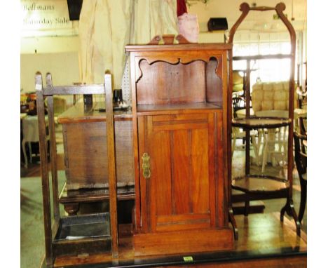 A 19th century mahogany pot cupboard, 38cm wide x 76cm high, an early 20th century walnut three tier cake stand, 29cm wide x 