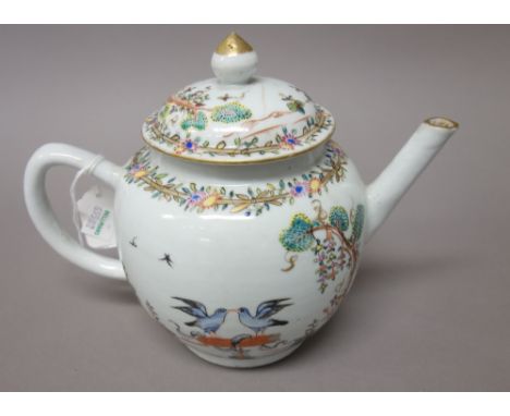 A Chinese export famille-rose bullet-shaped teapot and cover, Qianlong, each side painted with a pair of lovebirds perched on