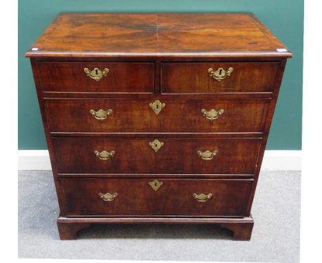 An early 18th century and later figured walnut chest of two short and three long graduated drawers, on bracket feet, 94cm wid