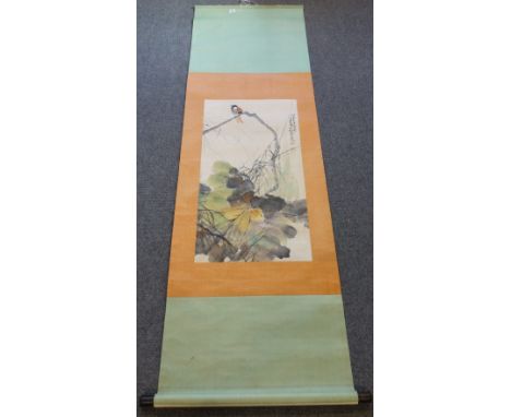 A Chinese scroll picture bearing the signature Zhao Shaoang, 20th century, depicting a bird in a branch above flowers, signed
