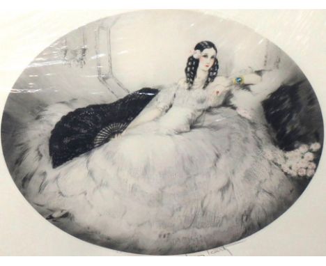 Louis Icart (1888-1950), The black fan, etching, signed in pencil, oval, unframed, 43cm x 53cm. DDS