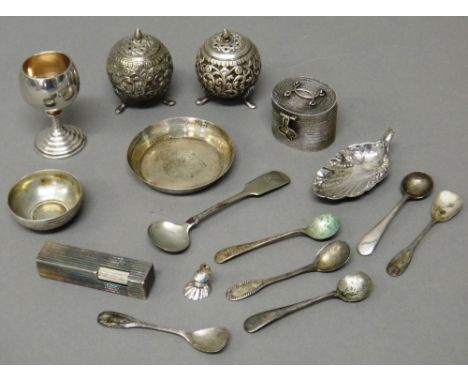Foreign and plated wares, comprising; a Chinese travelling inkstand, of oval wirework form, detailed WH 90, two Asian peppere