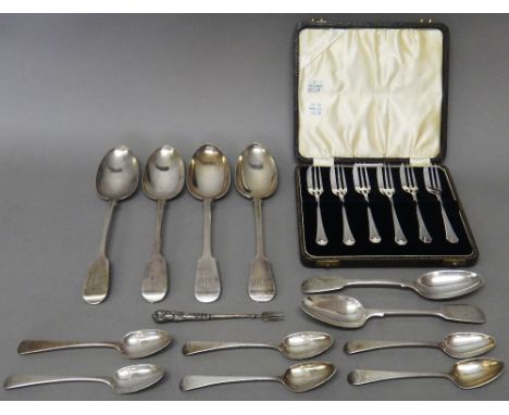 Silver flatware, comprising; a set of six pastry forks, Sheffield 1939, cased, two pairs of fiddle pattern tablespoons, Londo