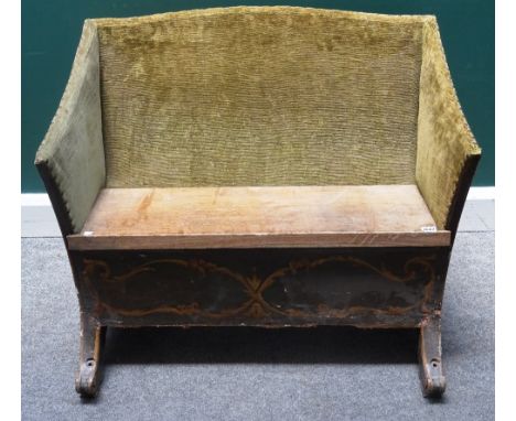 A 19th century polychrome painted hump back seat/bench, on downswept supports, possibly from a carriage or sleigh, 90cm wide 