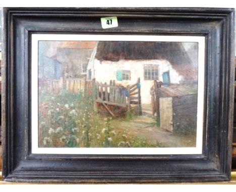 T** P** (early 20th century), The cottage gate, oil on board, signed with initials and dated 1915, 21cm x 32cm.