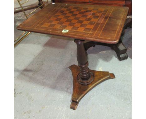 A Regency mahogany games table on trefoil base, 61cm wide x 67cm high, and a mahogany parquetry inlaid centre table, on bobbi