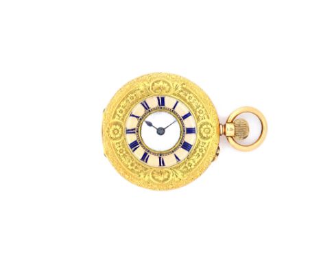 A lady's gold cased, keyless wind, half hunting cased fob watch, with an unsigned jewelled movement, the inner and outer case