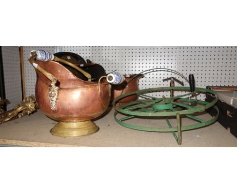 Collectables, including; three early 20th century brass coal buckets, a wrought ion standard lamp, a pair of brass two branch