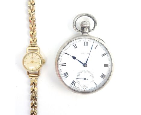 A Tissot 9ct gold circular cased lady's wristwatch, the signed silvered dial with gilt baton shaped numerals, the case Birmin