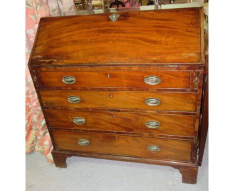 A George III mahogany bureau with fitted interior, on bracket feet, 101cm wide x 108cm high.