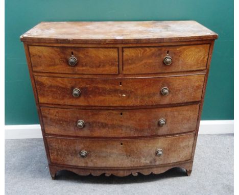 A Regency mahogany bowfront chest of two short and three long drawers, on bracket feet, 109cm wide x 107cm high x 52cm deep.
