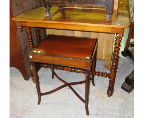 A Victorian marquetry inlaid centre table, on dual end supports united by bobbin turned stretcher, 89cm wide x 69cm high, and