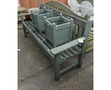 A 20th century grey painted teak garden bench, and a pair of 20th century grey painted hardwood square planters, (3).