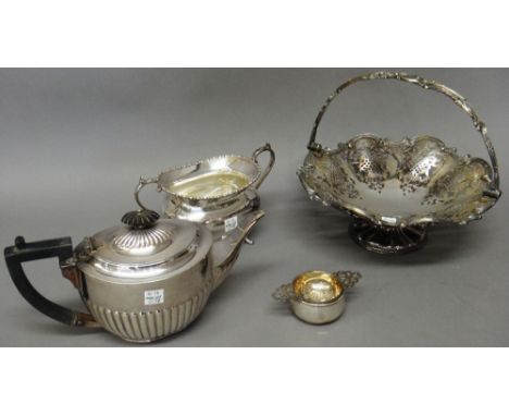 A silver twin handled tea strainer, with a bowl, Birmingham 1932, weight 62 gms and plated wares, comprising; a shaped circul
