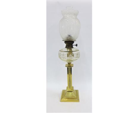 Brass oil lamp with etched glass shade, size overall including funnel 75cm 