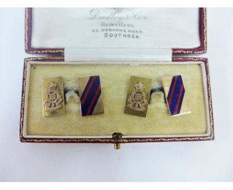 9ct gold and enamel Royal Corps cuff links, with Dudley &amp; Cox jewel box 