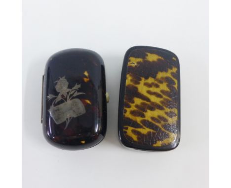 Tortoiseshell and picque work purse and a snuff box with tortoiseshell hinged lid, largest 8.5cm long (2) 