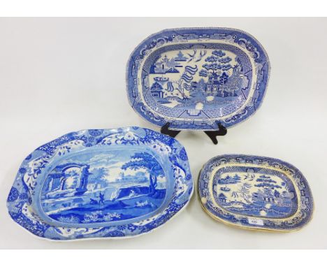 A collection of Staffordshire blue and white ashets to include a Spode Italian Landscape meat dish, 53cm long (4) (a/f) 