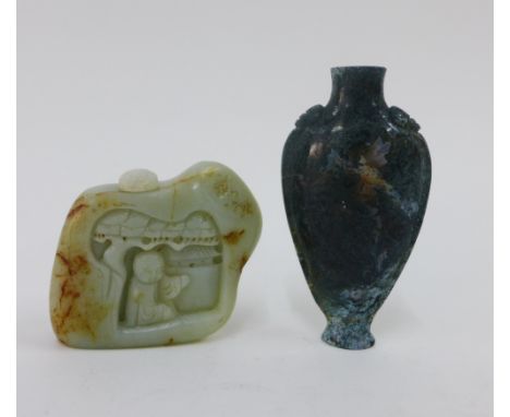 Celadon jade snuff bottle in the form of a pebble with a carved panel, 5cm high and a moss agate snuff bottle, 8cm (2) 