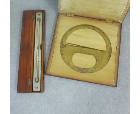 Troughton &amp; Simms, London 360 degree brass protractor, 38cm diameter, boxed, together with a G.W Strawson scientific stee