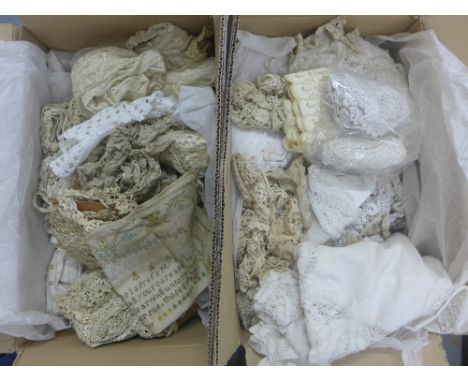 Two boxes containing a quantity of lace braiding and fabrics, etc together with a stitched sampler, worked by Sarah Dolby 188