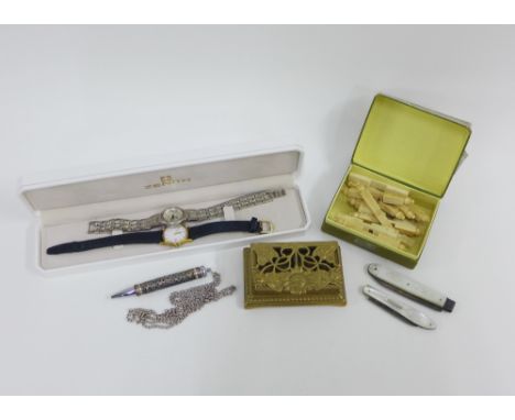 Mixed lot to include a Georgian silver and mother of pearl fruit knife and another, modern pen, brass stamps box, early 20th 