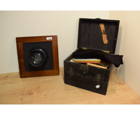 A Taylor Hobson Cooke Apochromatic Process Lens 30 inch 760mm Series IX on mahogany plate with box of vintage filters, bulbs 
