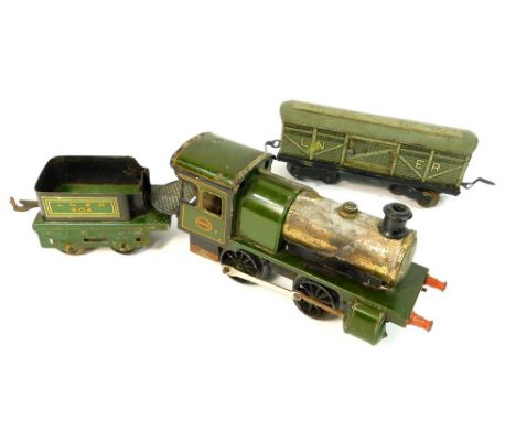 BING LOCOMOTIVE. A Bing O gauge live steam locomotive & tender LNER 504. No burner, paint loss & some rust to underparts. Mar